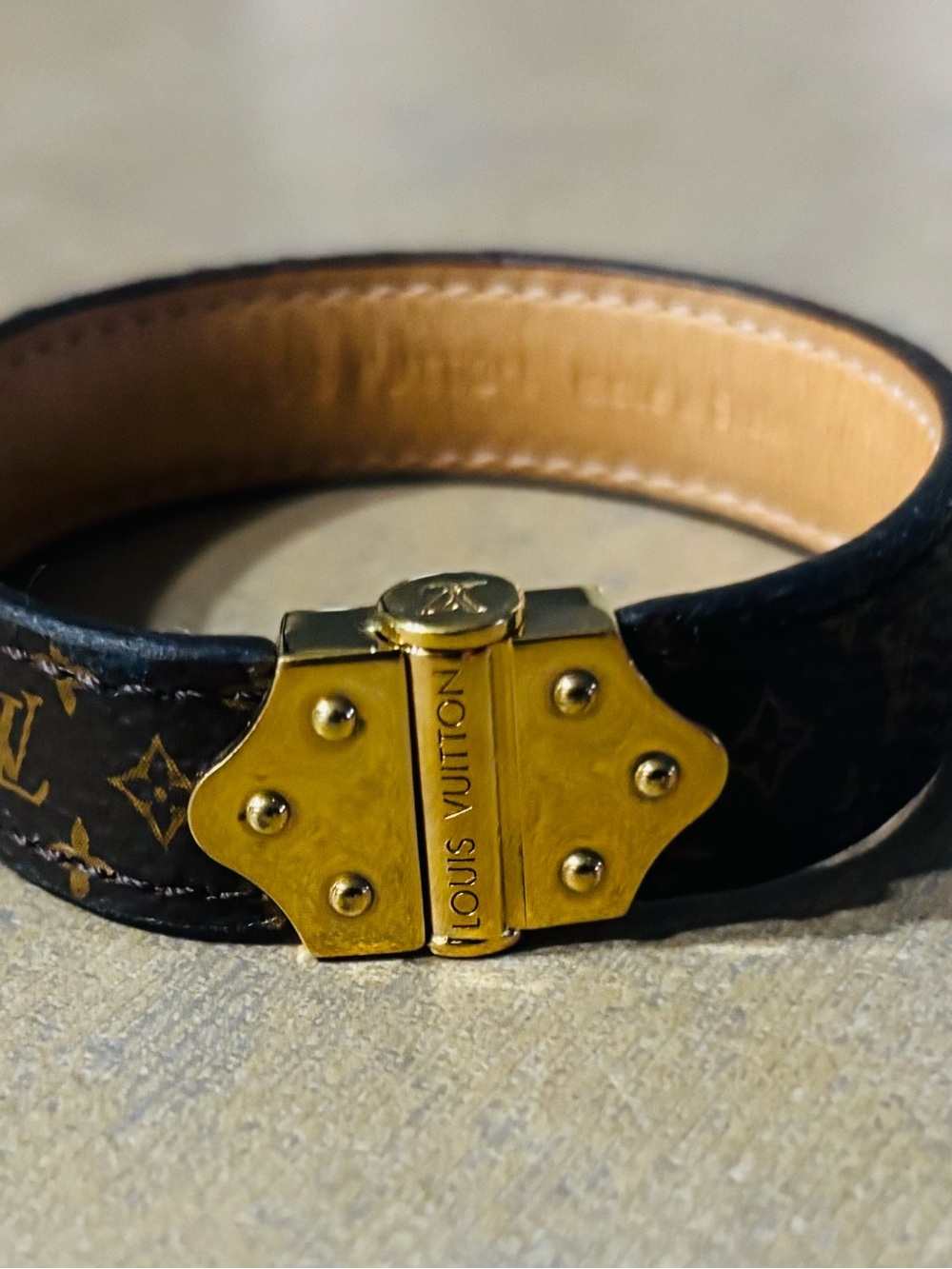 Louis Vuitton Monogram Leather Bracelet with Gold-Tone Clasp - Brown